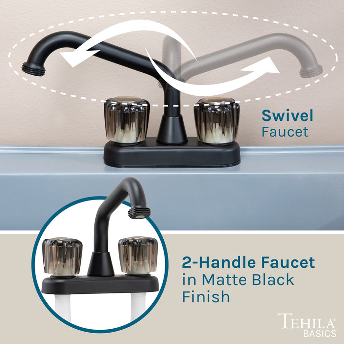 Tehila Basics Freestanding Grey Utility Sink with Black Finish Dual Handle Utility Faucet - Lifestyle View