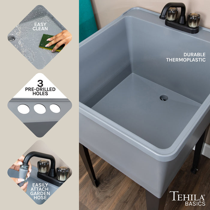 Tehila Basics Freestanding Grey Utility Sink with Black Finish Dual Handle Utility Faucet - Features