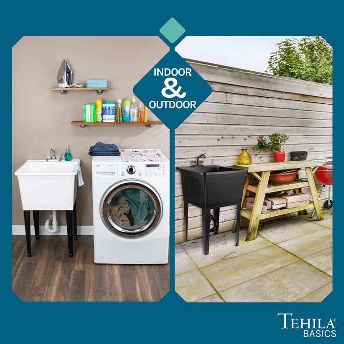 Tehila Basics Freestanding Grey Utility Sink with Black Finish Dual Handle Utility Faucet - Close-Up