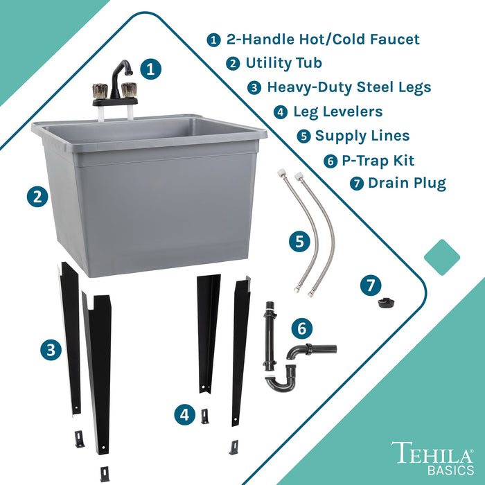 Tehila Basics Freestanding Grey Utility Sink with Black Finish Dual Handle Utility Faucet - View 9
