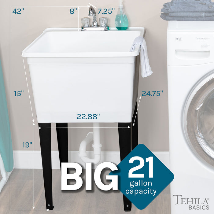 Tehila Basics Freestanding White Utility Sink with Chrome Finish Dual Handle Utility Faucet - Side View