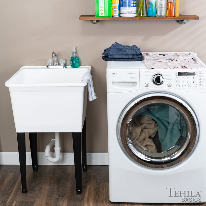 Tehila Basics Freestanding White Utility Sink with Chrome Finish Dual Handle Utility Faucet - Detail View
