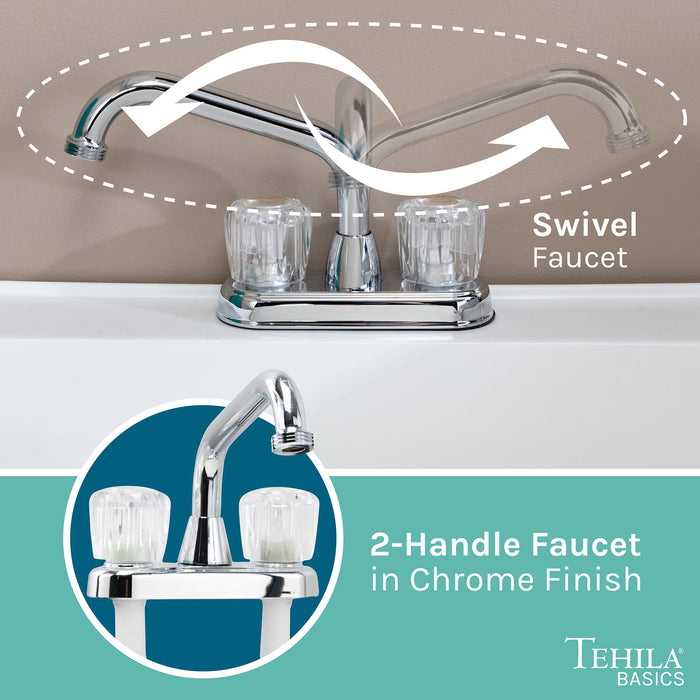 Tehila Basics Freestanding White Utility Sink with Chrome Finish Dual Handle Utility Faucet - Lifestyle View