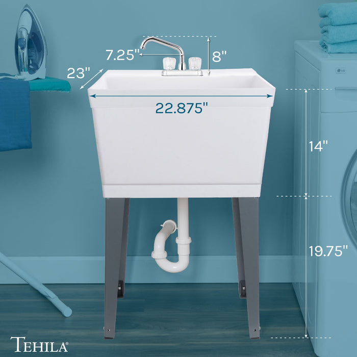 Tehila Standard Freestanding White Utility Sink with Chrome Finish Double Knob Utility Faucet - Side View