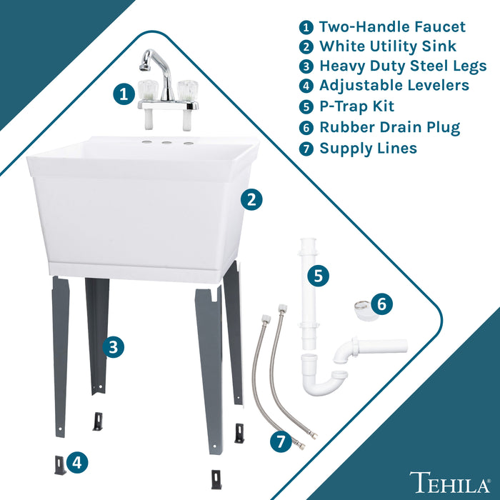 Tehila Standard Freestanding White Utility Sink with Chrome Finish Double Knob Utility Faucet - View 9