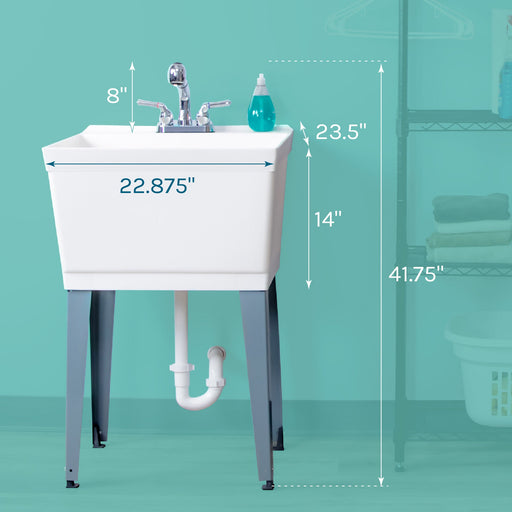 Tehila Standard Freestanding White Utility Sink with Chrome Finish Pull-Out Faucet - Side View