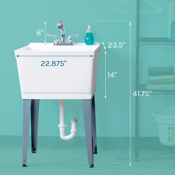 Tehila Standard Freestanding White Utility Sink with Chrome Finish Pull-Out Faucet - Side View