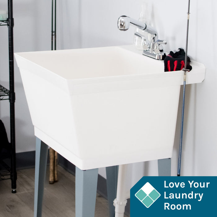 Tehila Standard Freestanding White Utility Sink with Chrome Finish Pull-Out Faucet - Detail View