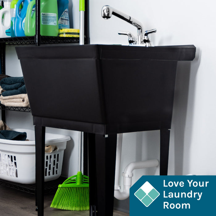 Tehila Standard Freestanding Black Utility Sink with Chrome Finish Pull-Out Faucet - Detail View