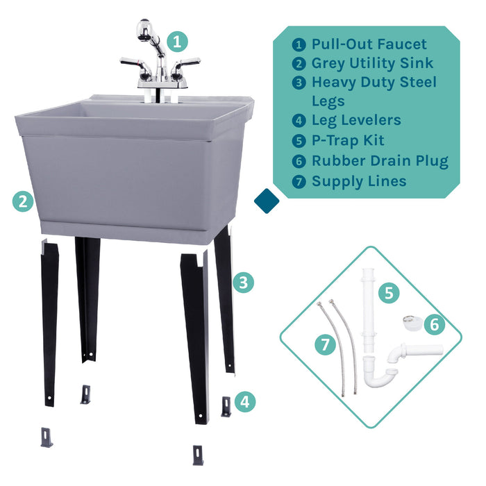 Tehila Standard Freestanding Grey Utility Sink with Chrome Finish Pull-Out Faucet - View 10