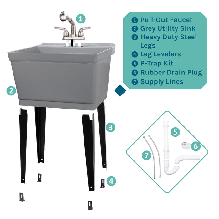 Tehila Standard Freestanding Grey Utility Sink with Stainless Steel Finish Pull-Out Faucet - View 10