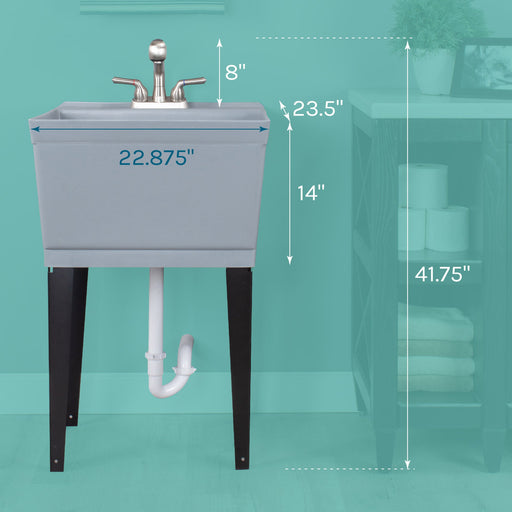 Tehila Standard Freestanding Grey Utility Sink with Stainless Steel Finish Pull-Out Faucet - Side View