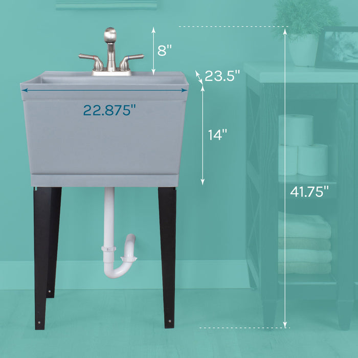 Tehila Standard Freestanding Grey Utility Sink with Stainless Steel Finish Pull-Out Faucet - Side View