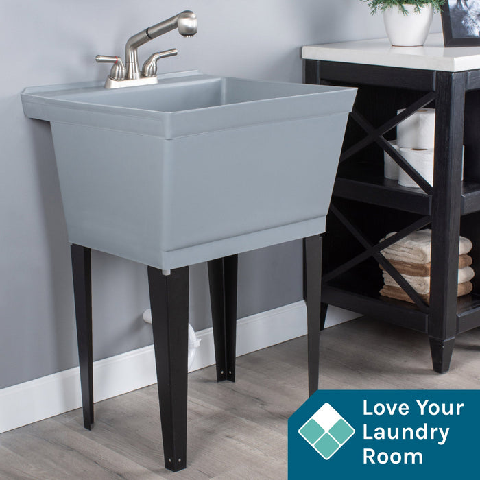 Tehila Standard Freestanding Grey Utility Sink with Stainless Steel Finish Pull-Out Faucet - Detail View