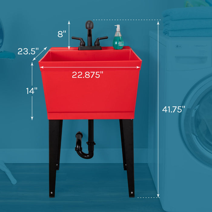 Tehila Standard Freestanding Red Utility Sink with Matte Black Finish Pull-Out Faucet - Side View