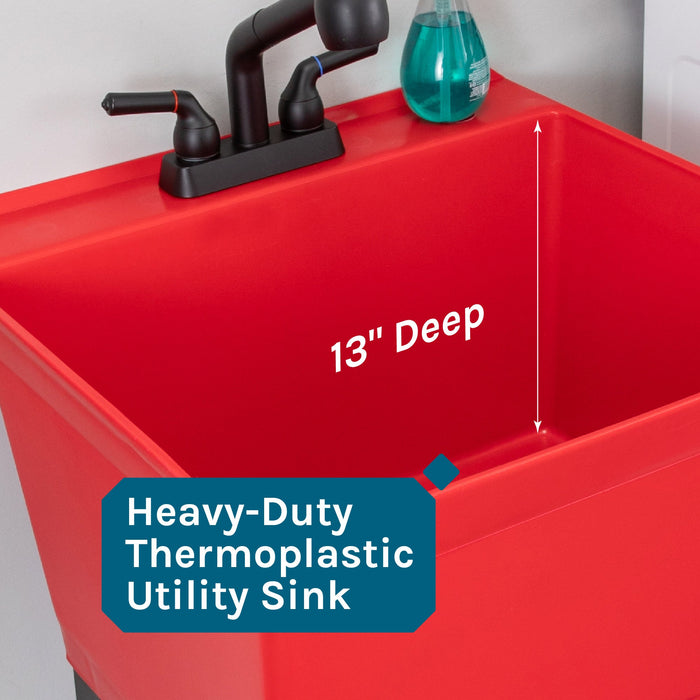 Tehila Standard Freestanding Red Utility Sink with Matte Black Finish Pull-Out Faucet - Features