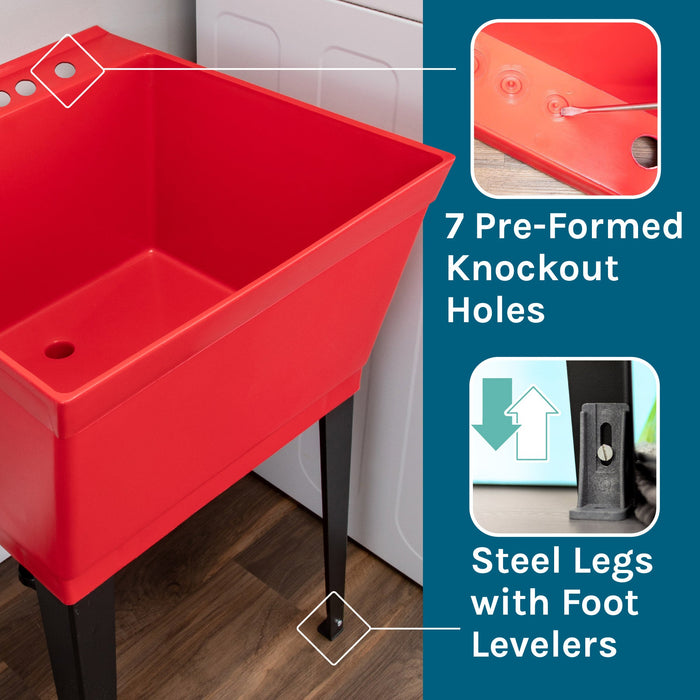 Tehila Standard Freestanding Red Utility Sink with Matte Black Finish Pull-Out Faucet - Installation View