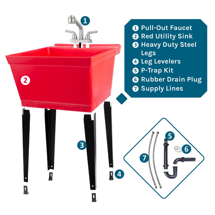 Tehila Standard Freestanding Red Utility Sink with Stainless Steel Finish Pull-Out Faucet - View 10