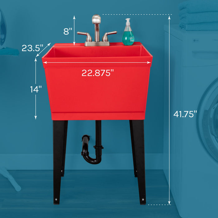 Tehila Standard Freestanding Red Utility Sink with Stainless Steel Finish Pull-Out Faucet - Side View