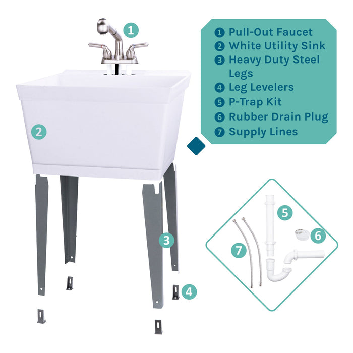Tehila Standard Freestanding White Utility Sink with Stainless Steel Finish Pull-Out Faucet - View 10