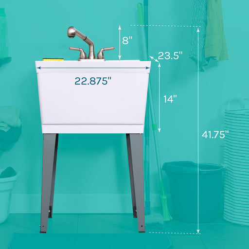 Tehila Standard Freestanding White Utility Sink with Stainless Steel Finish Pull-Out Faucet - Side View
