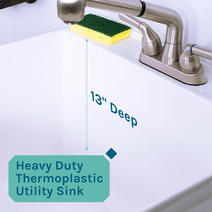 Tehila Standard Freestanding White Utility Sink with Stainless Steel Finish Pull-Out Faucet - Features