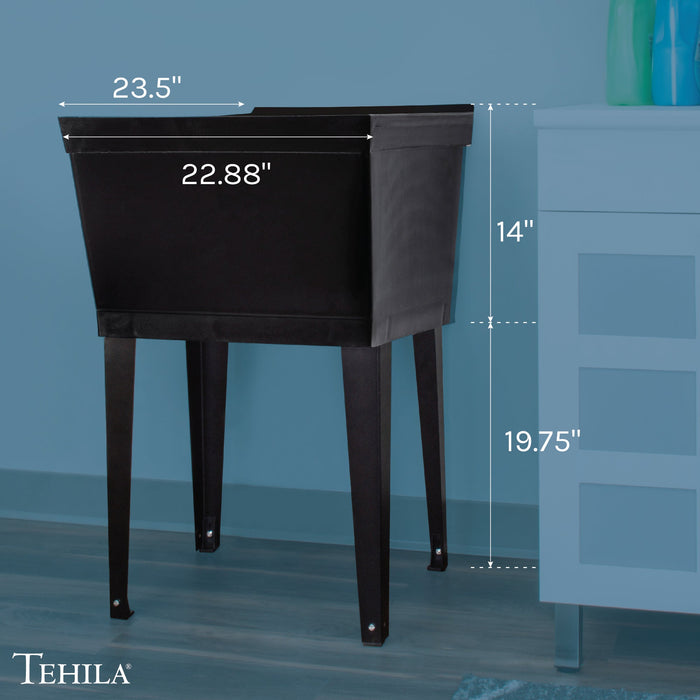 Tehila Standard Freestanding Black Utility Sink with Black Legs, No Supply Lines - Side View