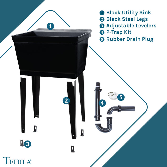 Tehila Standard Freestanding Black Utility Sink with Black Legs, No Supply Lines - View 9