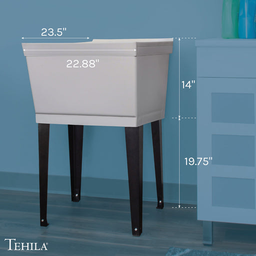 Tehila Standard Freestanding Grey Utility Sink with Black Legs, No Supply Lines - Side View
