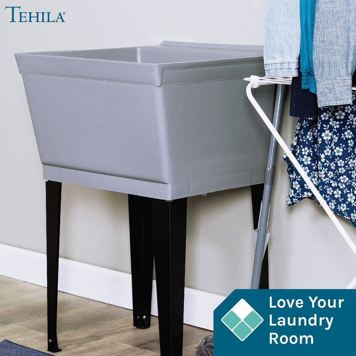 Tehila Standard Freestanding Grey Utility Sink with Black Legs, No Supply Lines - Detail View