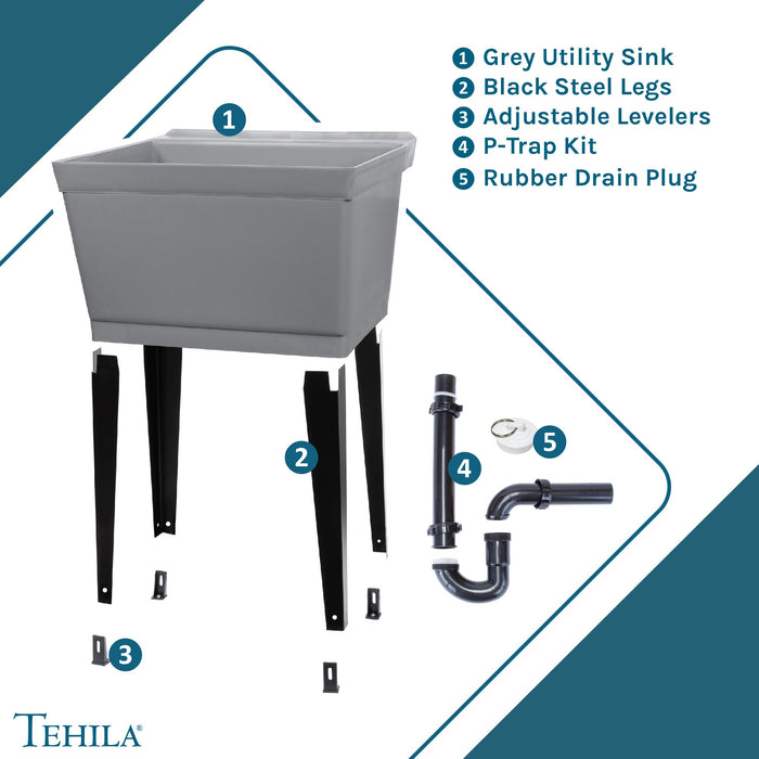 Tehila Standard Freestanding Grey Utility Sink with Black Legs, No Supply Lines - View 9