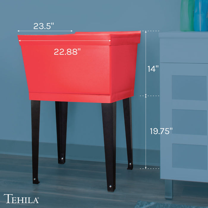 Tehila Standard Freestanding Red Utility Sink with Black Legs, No Supply Lines - Side View