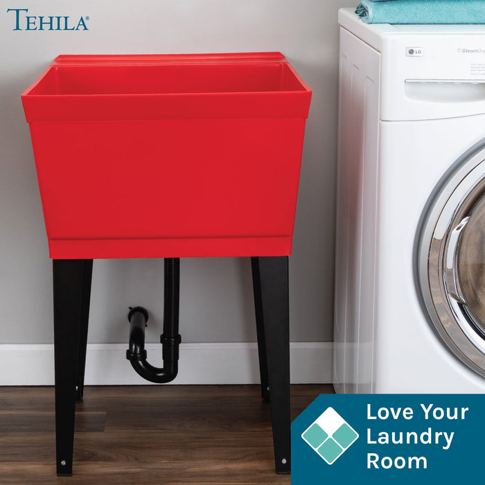 Tehila Standard Freestanding Red Utility Sink with Black Legs, No Supply Lines - Detail View