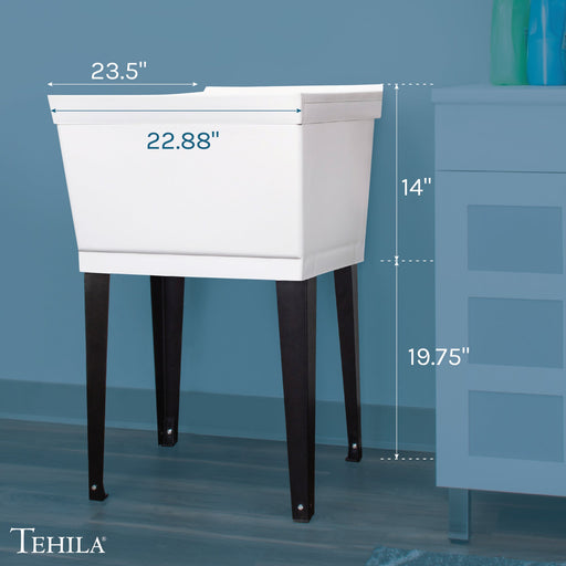 Tehila Standard Freestanding White Utility Sink with Black Legs, No Supply Lines - Side View