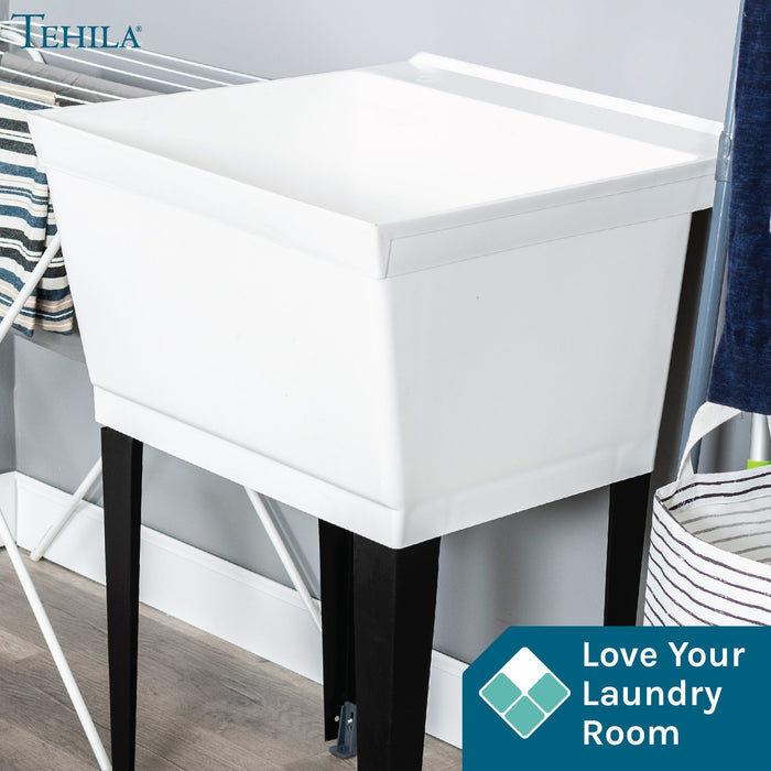 Tehila Standard Freestanding White Utility Sink with Black Legs, No Supply Lines - Detail View
