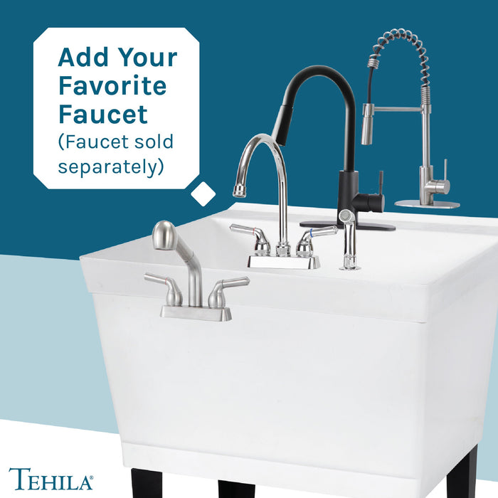 Tehila Standard Freestanding White Utility Sink with Black Legs, No Supply Lines - Close-Up