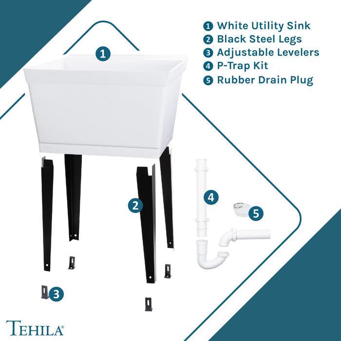 Tehila Standard Freestanding White Utility Sink with Black Legs, No Supply Lines - View 9