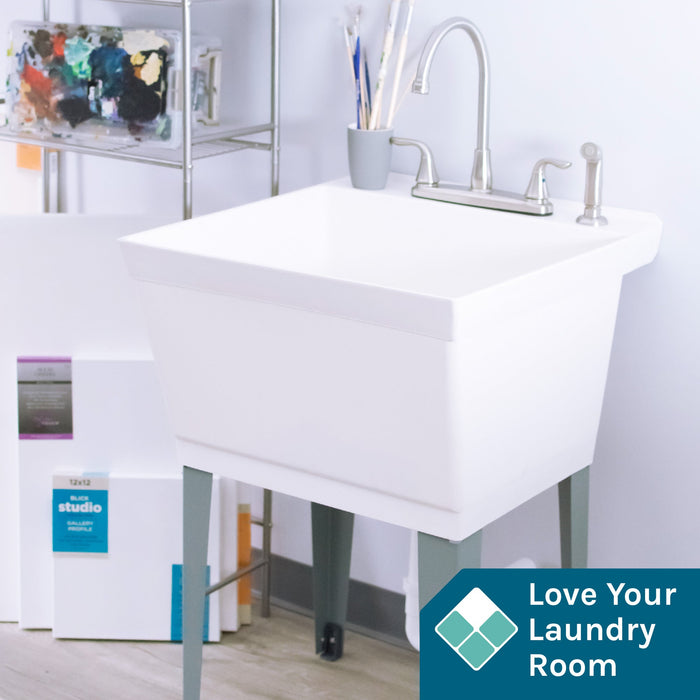 Tehila Standard Freestanding White Utility Sink with Grey Legs and Stainless Steel Finish Wide-set... - Detail View