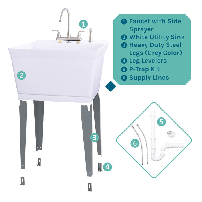 Tehila Standard Freestanding White Utility Sink with Grey Legs and Stainless Steel Finish Wide-set Gooseneck... - View 9