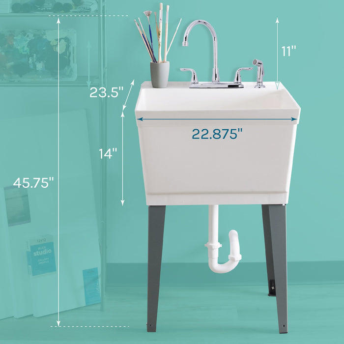 Tehila Standard Freestanding White Utility Sink with Grey Legs and Chrome Finish Wide-set Gooseneck Faucet... - Side View