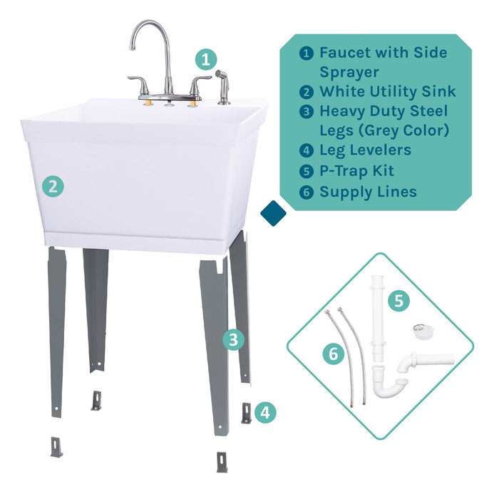 Tehila Standard Freestanding White Utility Sink with Grey Legs and Chrome Finish Wide-set Gooseneck Faucet with... - View 9