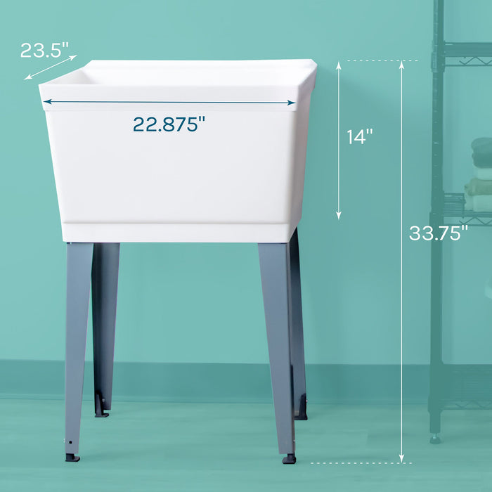 Tehila Standard Freestanding White Utility Sink with Grey Legs, Water Supply Lines Included - Side View