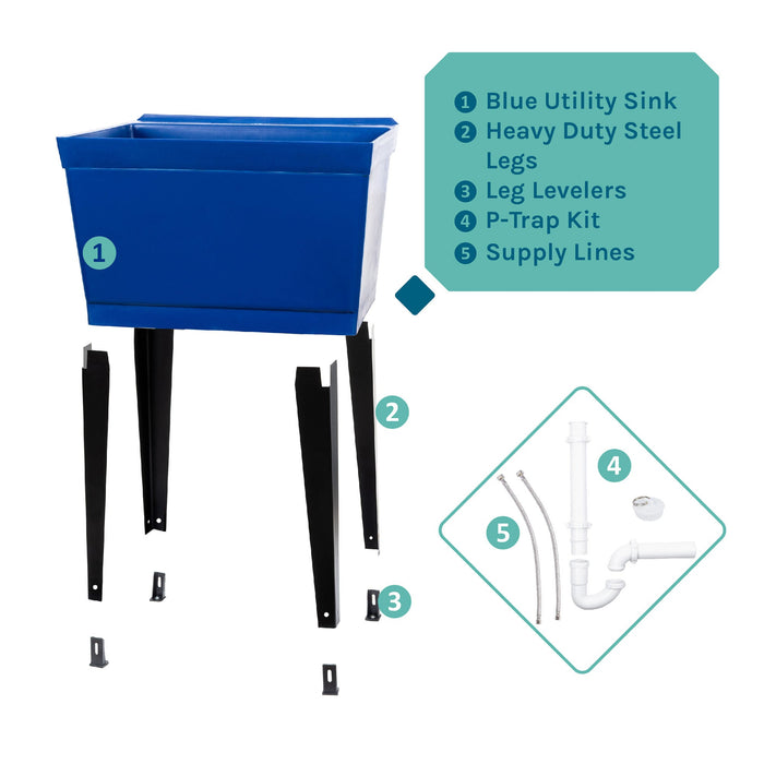 Tehila Standard Freestanding Blue Utility Sink with Black Legs, Water Supply Lines Included - View 9