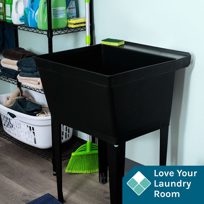 Tehila Standard Freestanding Black Utility Sink with Black Legs, Water Supply Lines Included - Detail View