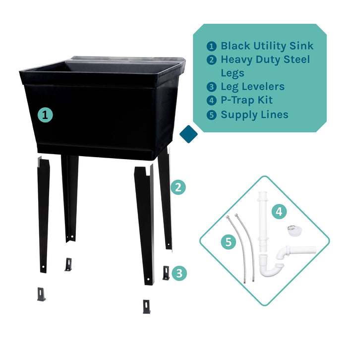 Tehila Standard Freestanding Black Utility Sink with Black Legs, Water Supply Lines Included - View 9