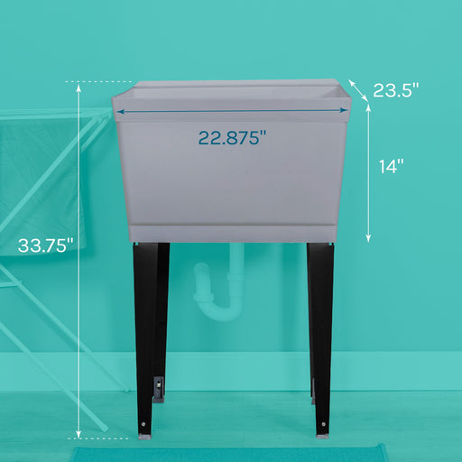 Tehila Standard Freestanding Grey Utility Sink with Black Legs, Water Supply Lines Included - Side View