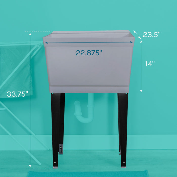 Tehila Standard Freestanding Grey Utility Sink with Black Legs, Water Supply Lines Included - Side View