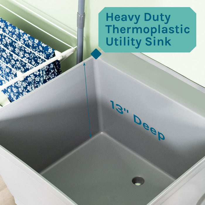 Tehila Standard Freestanding Grey Utility Sink with Black Legs, Water Supply Lines Included - Dimensions