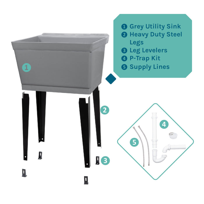 Tehila Standard Freestanding Grey Utility Sink with Black Legs, Water Supply Lines Included - View 9