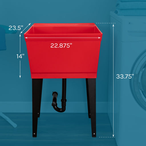 Tehila Standard Freestanding Red Utility Sink with Black Legs, Water Supply Lines Included - Side View